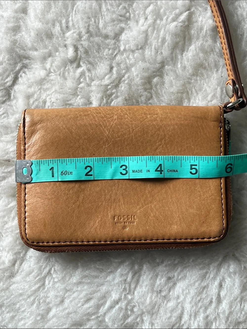 Fossil Tan leather zip around wallet wristlet with snap front compartment